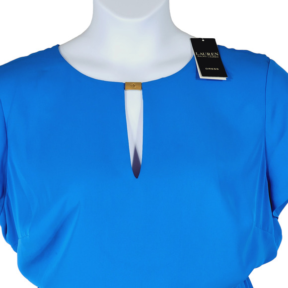 LRL Ralph Lauren Midi Sheath Dress sz 18 Women Blue Belted Keyhole Neck NEW READ - Picture 2 of 13